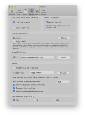 R Application Startup Preferences.