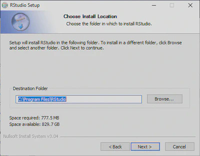 RStudio Installation Location Selection.