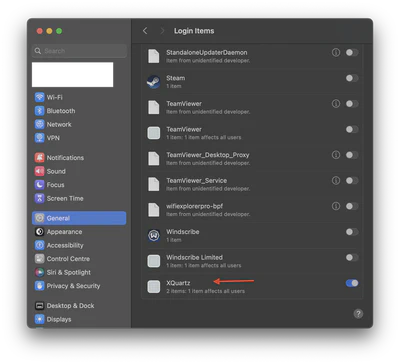 System Settings allow XQuartz in the background.